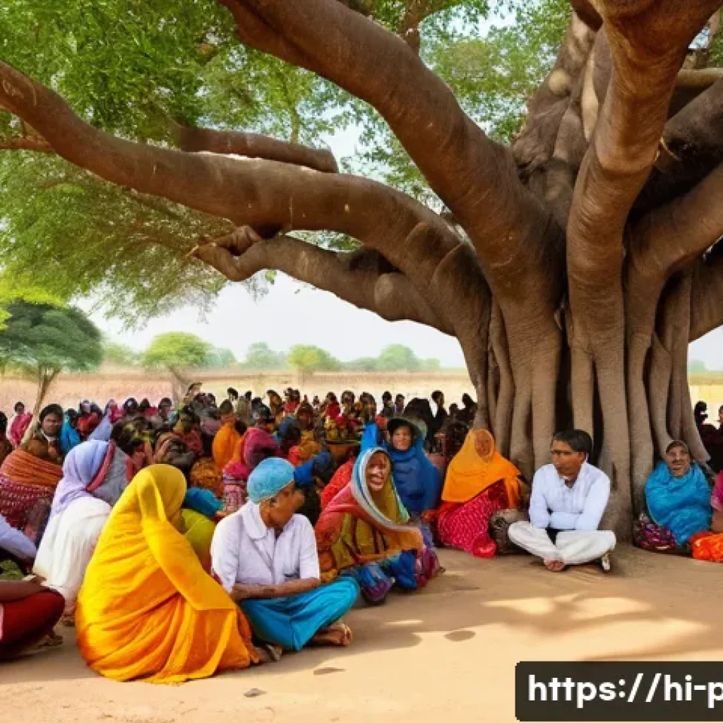 공공정책과 공공기관의 역할 - A vibrant community meeting in an Indian village setting, with diverse local citizens including men,...
