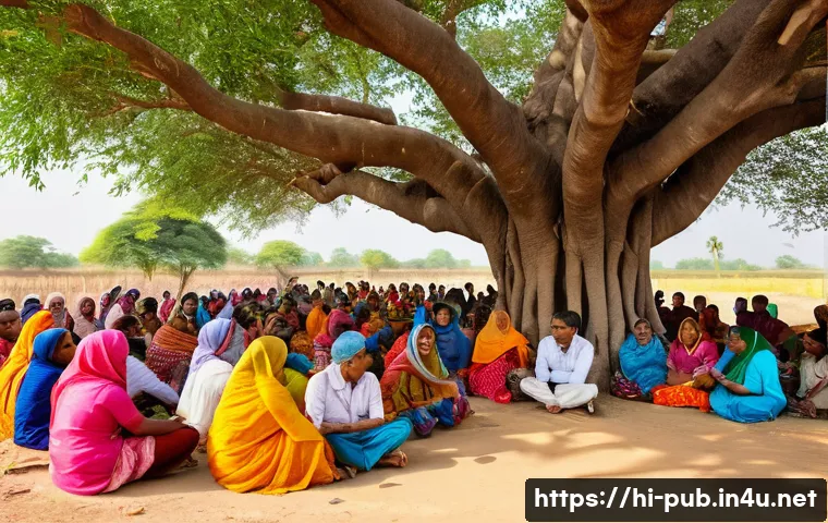 공공정책과 공공기관의 역할 - A vibrant community meeting in an Indian village setting, with diverse local citizens including men,...