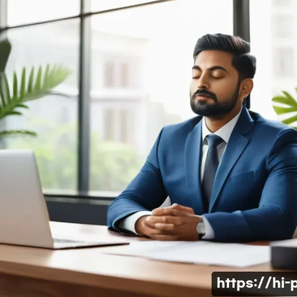 공공정책 전문가의 스트레스 관리 - A professional Indian government policy expert sitting at a neat, organized wooden desk in a modern ...