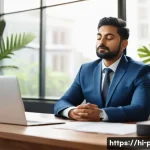공공정책 전문가의 스트레스 관리 - A professional Indian government policy expert sitting at a neat, organized wooden desk in a modern ...