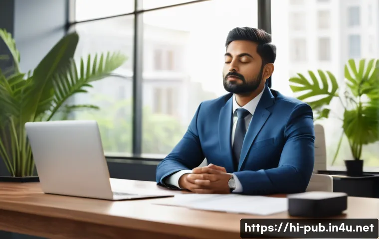 공공정책 전문가의 스트레스 관리 - A professional Indian government policy expert sitting at a neat, organized wooden desk in a modern ...