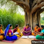공공정책과 사회복지 정책의 연계성 - A vibrant rural Indian village scene depicting a group of empowered women gathered in a self-help gr...