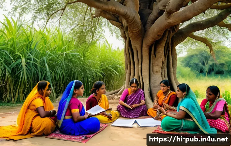 공공정책과 사회복지 정책의 연계성 - A vibrant rural Indian village scene depicting a group of empowered women gathered in a self-help gr...