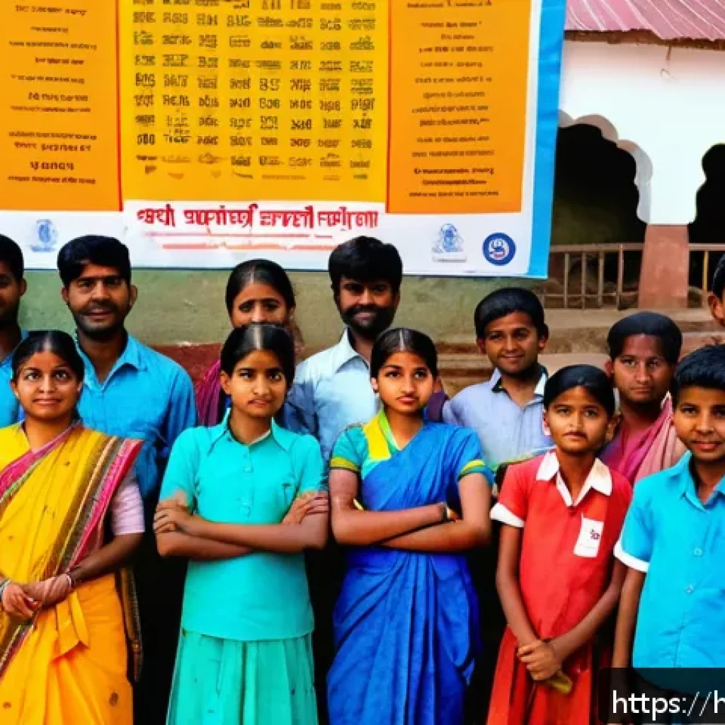 공공정책과 비영리조직의 협력 - A vibrant community scene in an Indian village setting, showing government officials and non-profit ...