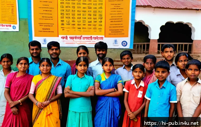 공공정책과 비영리조직의 협력 - A vibrant community scene in an Indian village setting, showing government officials and non-profit ...