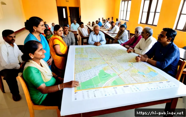 공공정책과 지역사회 개발 - Photorealistic wide-angle scene of a public community planning meeting in a modern Indian neighborho...